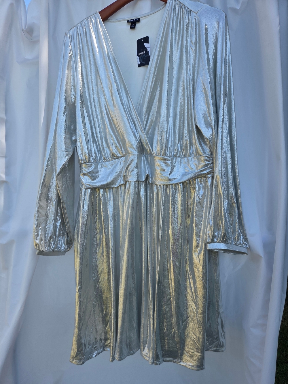 torrid Metallic Silver V-Neck Long Sleeve Skater Dress